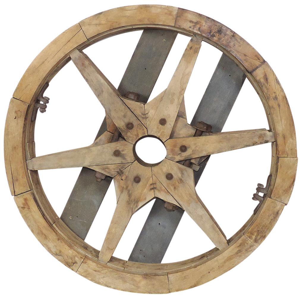 Industrial Pulley Wheel, wood w/layered wood spokes &: Industrial Pulley Wheel, wood w/layered wood spokes & outer ring, Exc cond, 30"Dia.