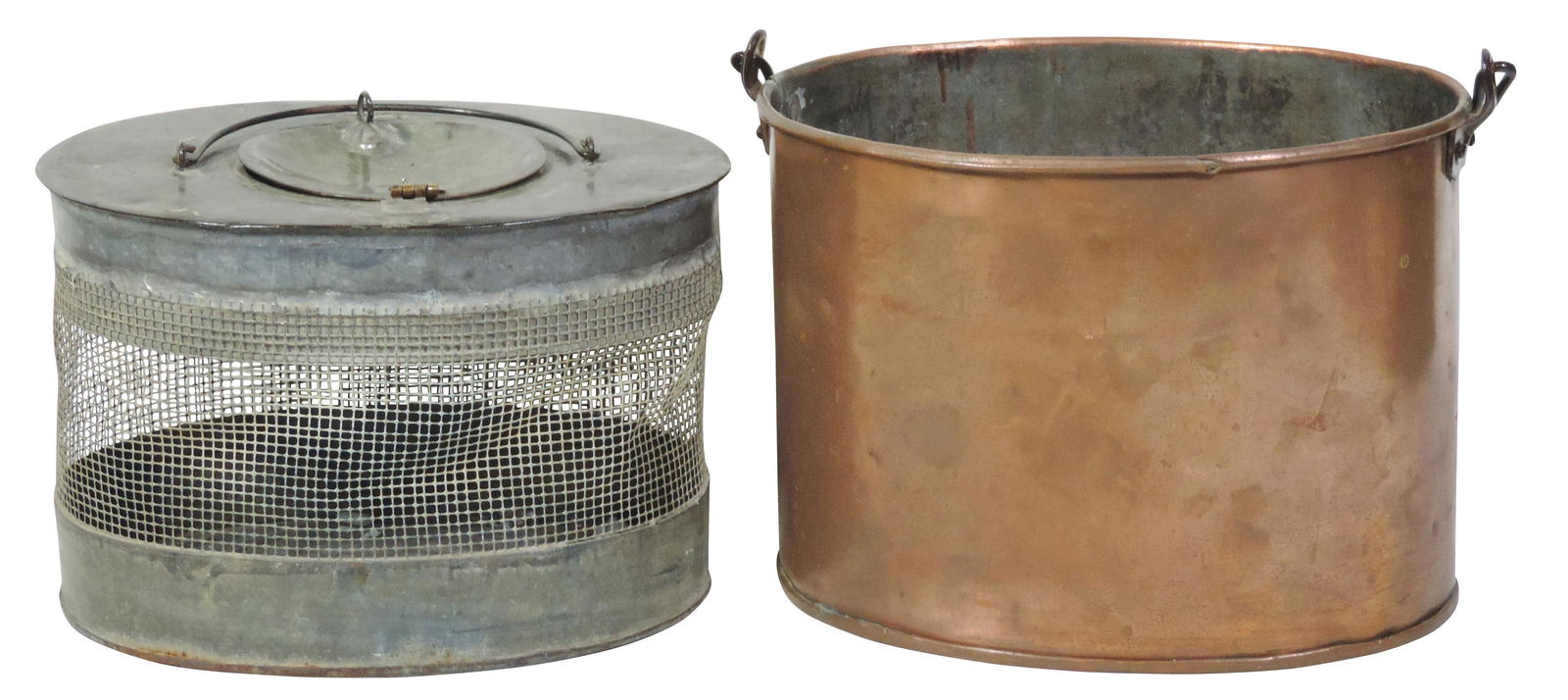Sporting, early fishing pail, 2-pc galvanized tin & (1 of 2)