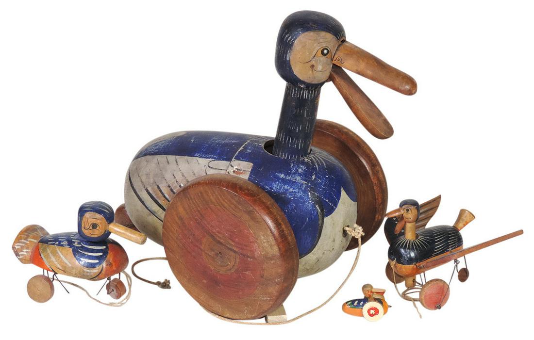 Duck Pull Toys (4) Japanese carved & polychrome wood (1 of 1)