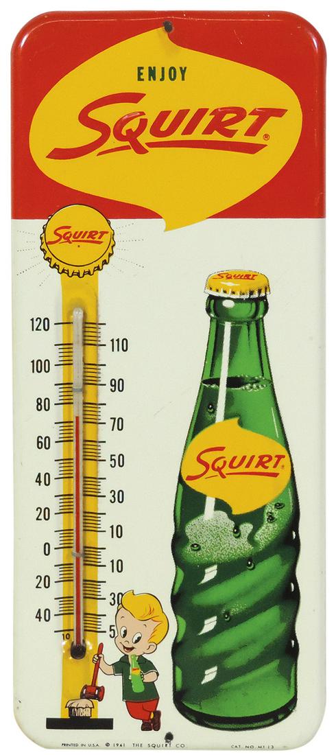 Soda Fountain Thermometer, Enjoy Squirt, embossed metal (1 of 1)