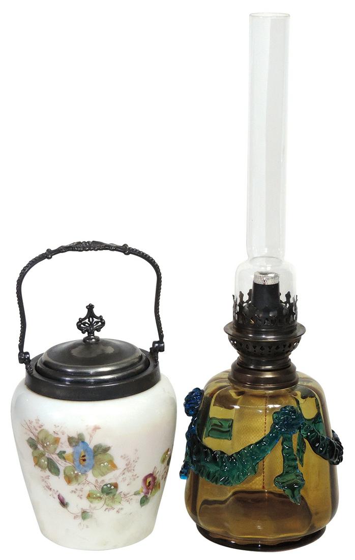 Victorian Art Glass (2), paneled amber glass oil lamp (1 of 1)