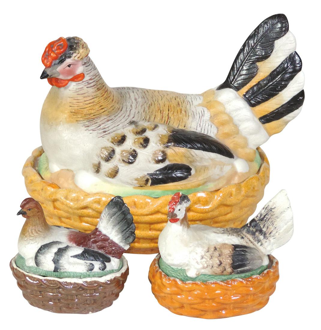 Pottery (3), Staffordshire Hens on Nests,: Pottery (3), Staffordshire Hens on Nests, hand-painted bisque w/glazed bases, Exc cond, largest 8"H x 10"W.