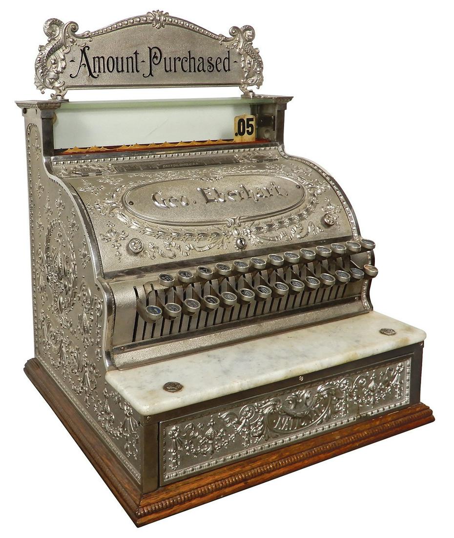 National Cash Register, Model 47, nickel-plated cast: National Cash Register, Model 47, nickel-plated cast iron w/marquee, inscribed Geo. Eberhart on domed cover, a nice early 1900's register in Exc working cond, 21.5"H x 17"W.