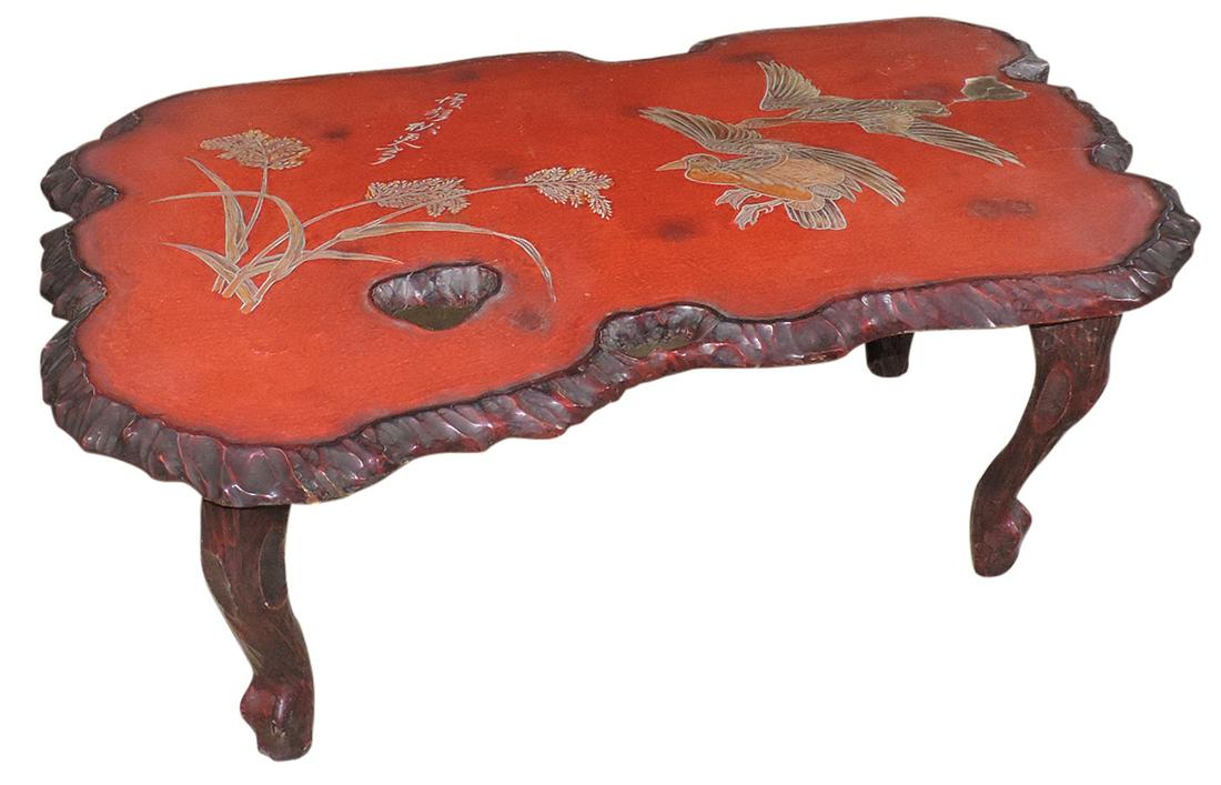Furniture, Japanese Shibayama low table, Meiji Period,: Furniture, Japanese Shibayama low table, Meiji Period, carved free form slab top w/rustic edge, decorated w/carved & two-tone lacquered water fowl w/inlaid bone feathers on a mottled reddish lacquered