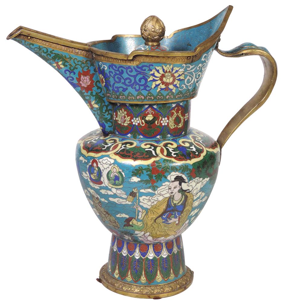 Chinese CloisonnÃ©, gilt bronze covered wine jug: Chinese CloisonnÃ©, gilt bronze covered wine jug enameled with immortals, Buddhist symbols & interlocking ruyi on turquoise ground, Exc cond, 12.75"H.