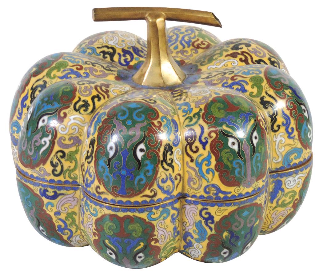 Chinese CloisonnÃ©, gilt bronze pumpkin form covered (1 of 2)