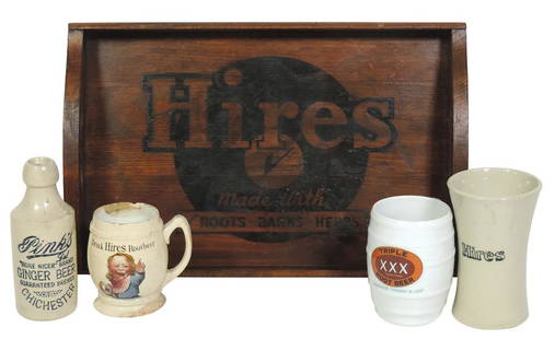 Soda Fountain (5), Hires Root Beer embossed wood tray,: Soda Fountain (5), Hires Root Beer embossed wood tray, 2 different Hires mugs , Triple XXX Root Beer mug & Pink's Ginger Beer stoneware bottle, Hires transfer mug w/damage & other w/hairline, remainde