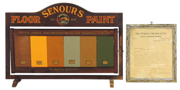 Paint & Varnish Advertising (2), Senours floor: Paint & Varnish advertising (2), Senours floor paint rotating counter display w/6 different color samples on each side & Martin Senour framed guarantee to Hawkeye Drug Co.-West Point IA, dtd 1918, VG