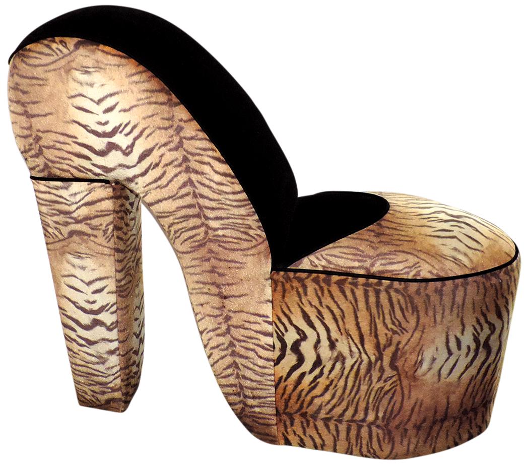 Stiletto Slipper Chair, contemporary style high-heeled: Stiletto Slipper Chair, contemporary style high-heeled shoe form w/faux tiger skin upholstery, very unique, Exc cond, 39"H x 45"W x 18"D.