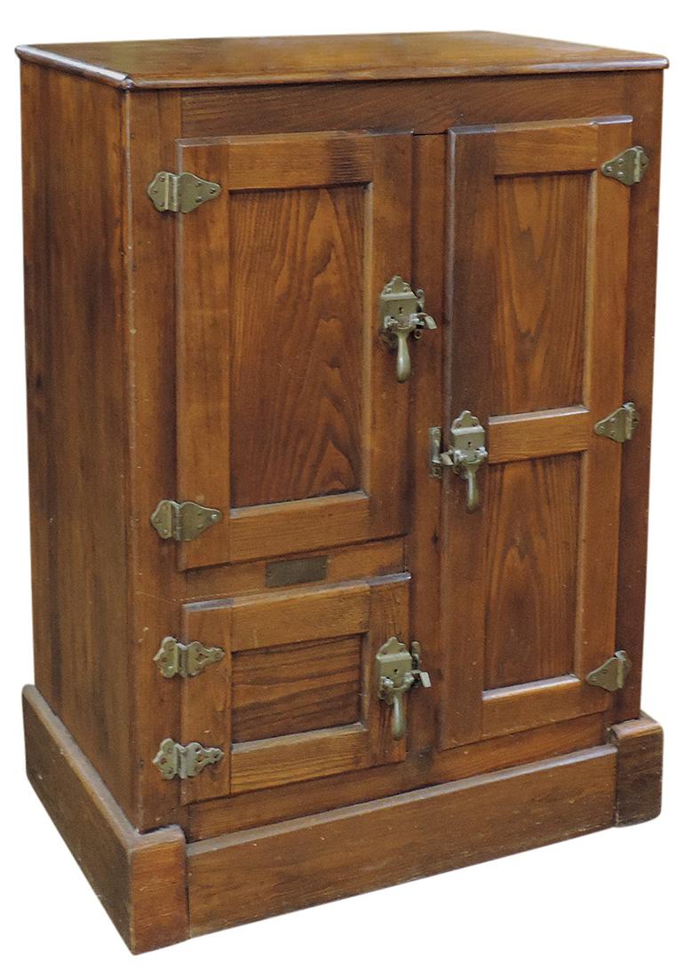 Furniture, ice box, White Mountain oak 3-door: Furniture, ice box, White Mountain oak 3-door w/nickel-plated latches & hinges, interior complete w/orig wire shelves, VG+ refinished cond, 44"H x 32"W x 19"D.