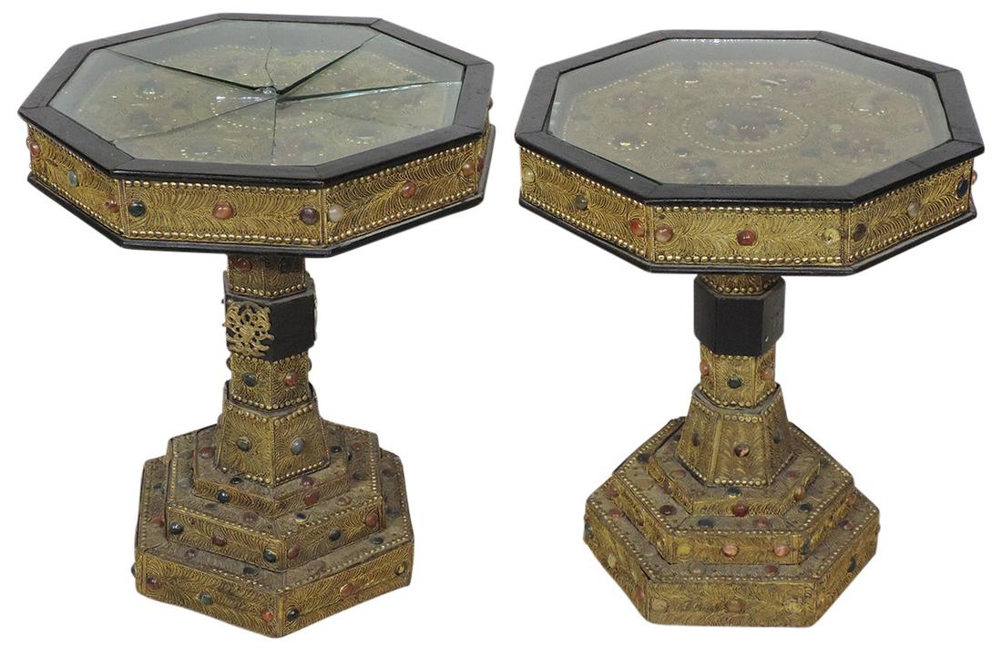 Turkish Taborets (2), matching painted wood stands (1 of 2)