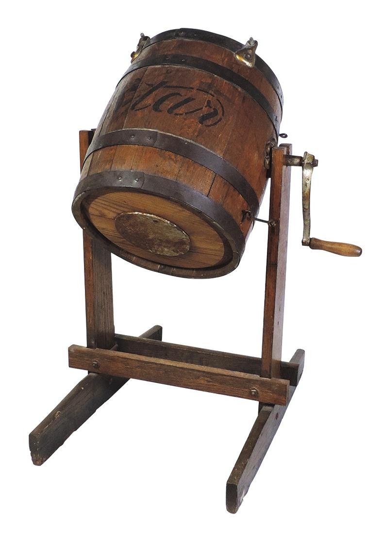 Butter Churn, Star barrel oak staved w/crank, locking lid & oak cradle, VG+ orig cond, 32"H x 23"W: Butter Churn, Star barrel oak staved w/crank, locking lid & oak cradle, VG+ orig cond, 32"H x 23"W (incl handle).