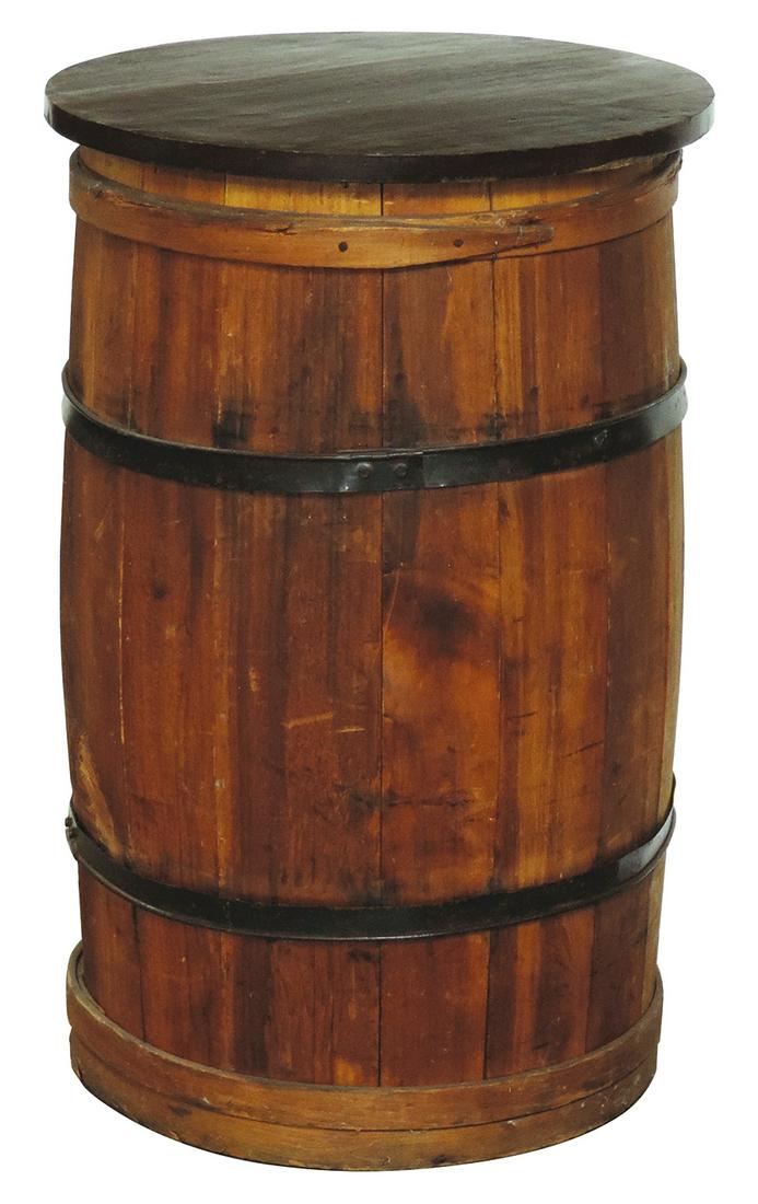 Primitive Storage Barrel, finger lapped wood w/banding & 2 iron straps, no lid, VG cond,: Primitive Storage Barrel, finger lapped wood w/banding & 2 iron straps, no lid, VG cond, 29"H x 19"Dia.