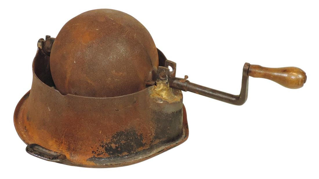 Primitive Seed & Nut Roaster, iron stove top w/rotating hollow iron ball & wood handled crank, VG: Primitive Seed & Nut Roaster, iron stove top w/rotating hollow iron ball & wood handled crank, VG working cond, 7.5"H x 19"W x 12"D.