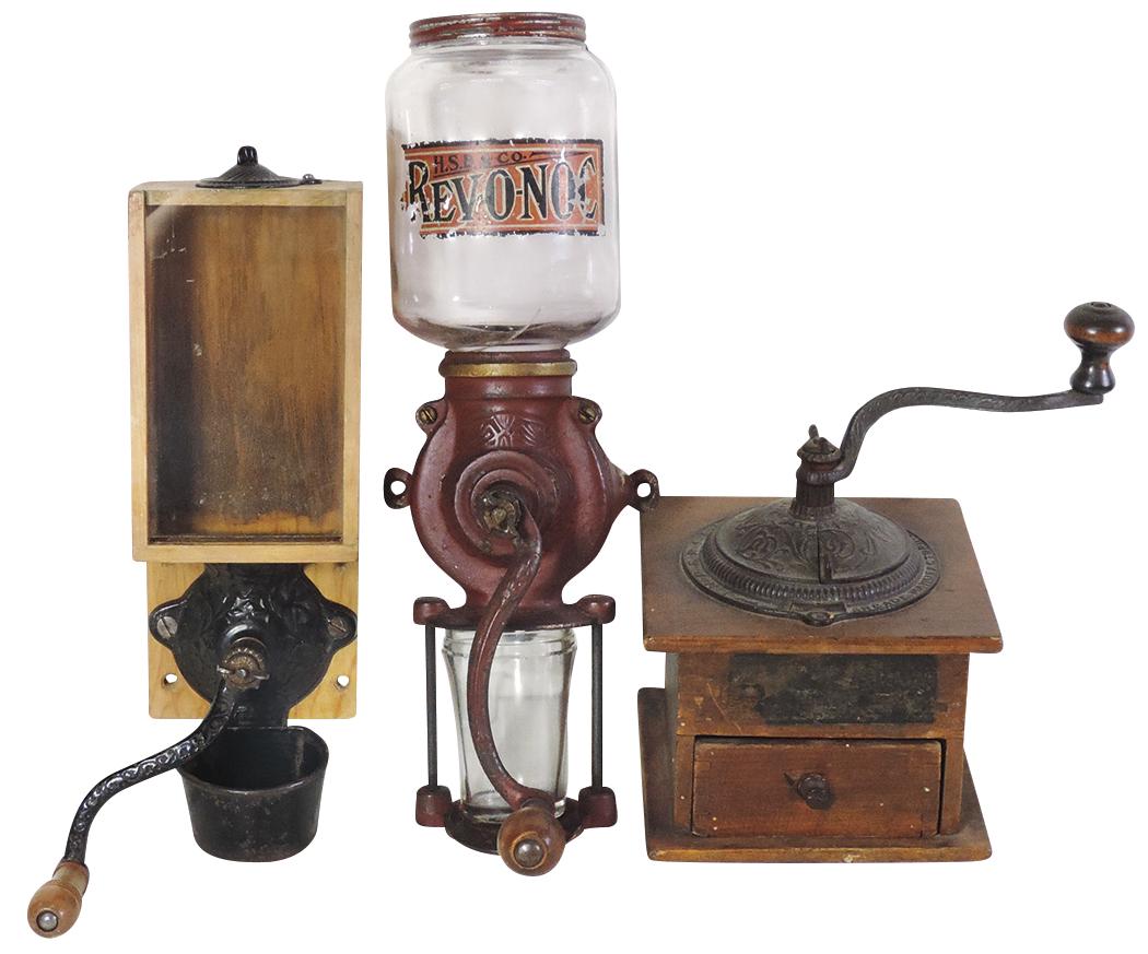 Coffee Grinders (3), wood & cast iron, Hibbard, Spencer & Bartlett wall mount & Arcade laptop, other: Coffee Grinders (3), wood & cast iron, Hibbard, Spencer & Bartlett wall mount & Arcade laptop, other unmarked, all VG cond, largest 17"L.