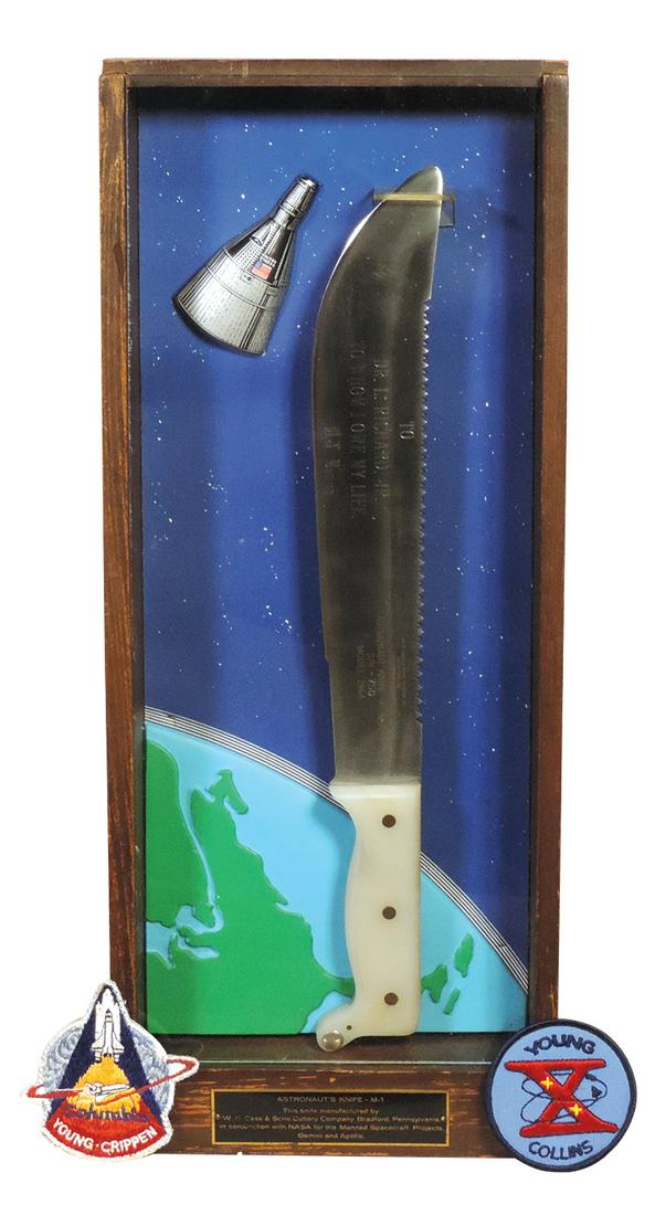 Knife, Case Astronaut's Knife, Mod. 1966, Ser. No. 750, w/Apollo X Young/Collins & Columbia: Knife, Case Astronaut's Knife, Mod. 1966, Ser. No. 750, w/Apollo X Young/Collins & Columbia Young/Crippen patches w/printed note as purportedly "Presented to 'Dr Richard Jr. to whom I owe my life-D.J.