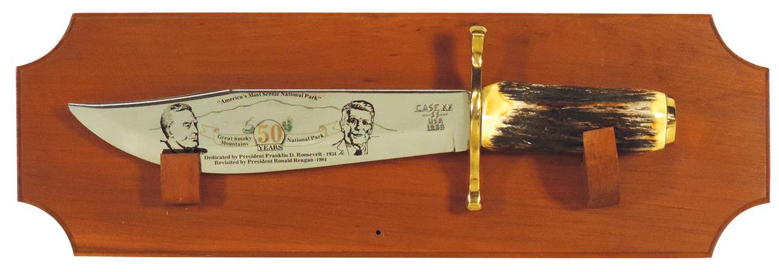 Knife, Case XX Smokey Mountains NP 50th Anniv w/etched blade depicting Presidents FDR & Reagan,: Knife, Case XX Smokey Mountains NP 50th Anniv w/etched blade depicting Presidents FDR & Reagan, #1836, Exc cond, 14.25"L, 6"H x 18"W overall.