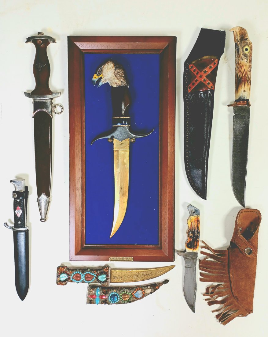Knives (6), carved Eagle Head bone handle w/damascene blade in CSA tooled leather sheath, Eagle Head: Knives (6), carved Eagle Head bone handle w/damascene blade in CSA tooled leather sheath, Eagle Head dagger stamped RB, Wild Turkey hunting, replica SA dagger & Hitler youth knife plus beaded/jeweled