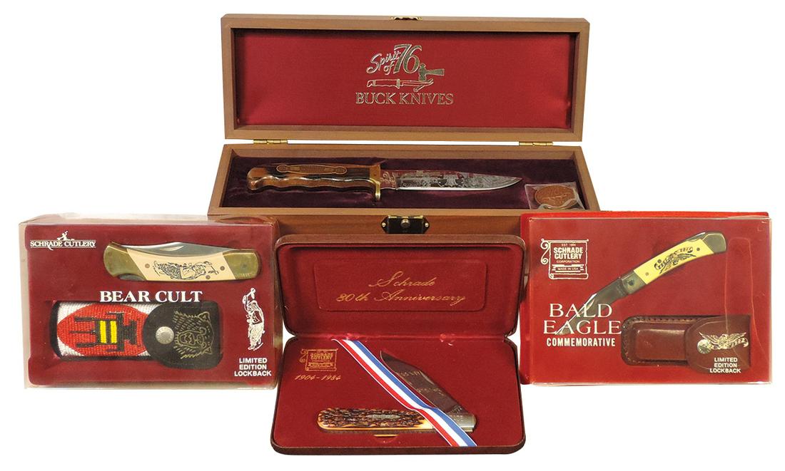 Knives, Buck & Schrade Limited Editions (4), Buck Spirit of '76 walnut case Hunter w/bronze: Knives, Buck & Schrade Limited Editions (4), Buck Spirit of '76 walnut case Hunter w/bronze medallion & 3 Schrade: 80th Anniv stag handle folder, Bald Eagle commemorative & Bear Cult w/beaded holder,