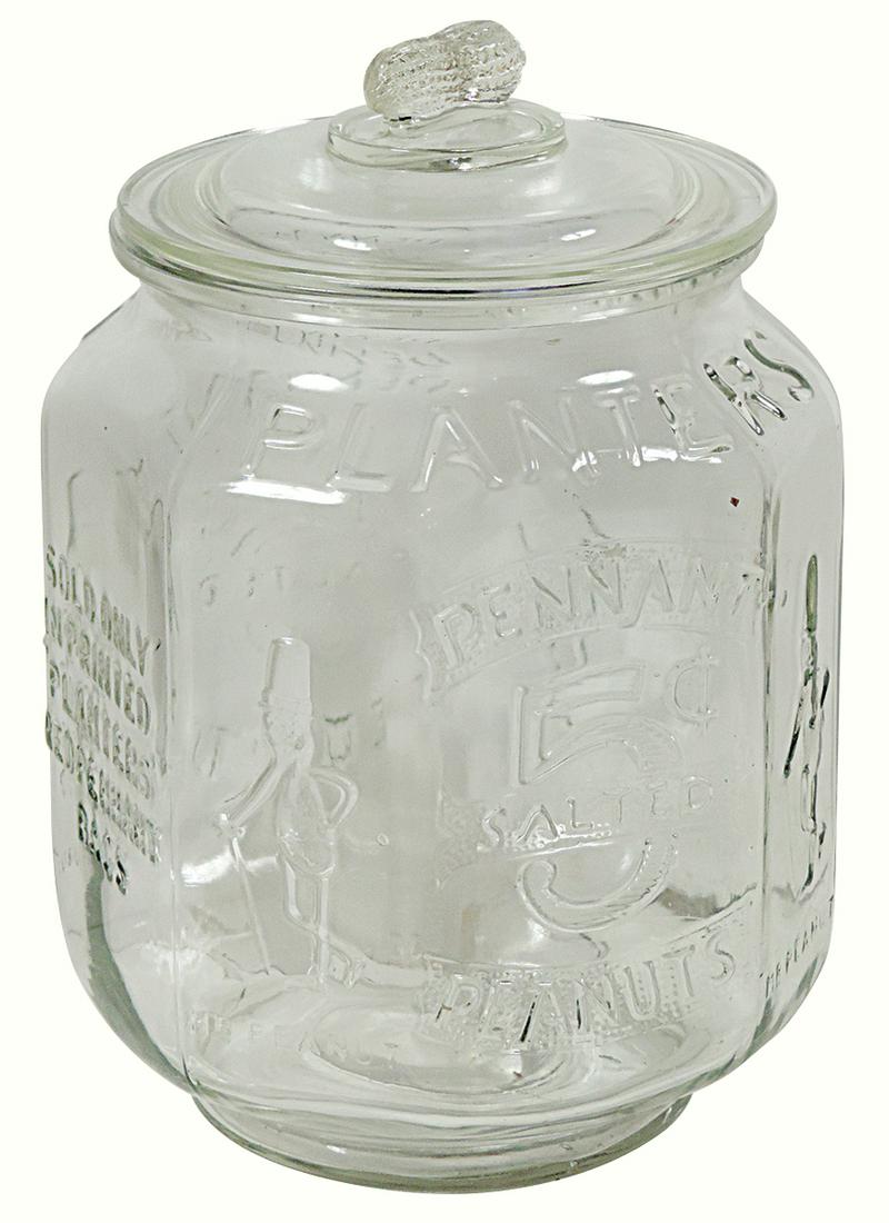 Country Store Counter Jar, Planters Pennant 5 Cent Peanuts, embossed glass panels w/peanut finial: Country Store Counter Jar, Planters Pennant 5 Cent Peanuts, embossed glass panels w/peanut finial lid, Exc cond w/minor roughness inner rim of jar, 13"H.