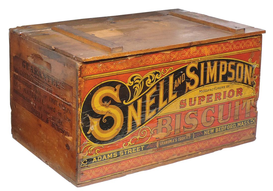 Country Store Crate, Snell & Simpson Superior Biscuit, large colorful paper litho label on front &: Country Store Crate, Snell & Simpson Superior Biscuit, large colorful paper litho label on front & inside cover, VG cond w/later varnish, 12"H x 22"W x 14"D.