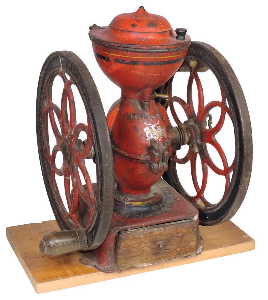 Country Store Coffee Grinder, Enterprise No.5, pat. July 12, '98, Good orig cond & paint w/replaced: Country Store Coffee Grinder, Enterprise No.5, pat. July 12, '98, Good orig cond & paint w/replaced drawer, 17"H x 13"W x 12.5"D.