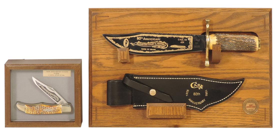 Knives, Case XX 80th Anniv (2), stag handle Bowie knife w/sheath & wall mount #1762/3,000 & cased: Knives, Case XX 80th Anniv (2), stag handle Bowie knife w/sheath & wall mount #1762/3,000 & cased SC5165SS # 0811/5,000, Exc cond, Larger 11" x 17"W.