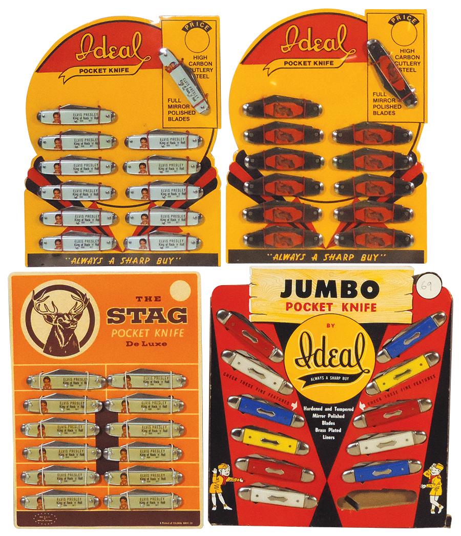 Knives, Counter Top Novelty Boards, 2 Elvis Presley, Nude & colored grip utility, by Ideal &: Knives, Counter Top Novelty Boards, 2 Elvis Presley, Nude & colored grip utility, by Ideal & Colonial Knife Co., 47 NOS pcs w/1 absent, largest 12"H x 11"W.