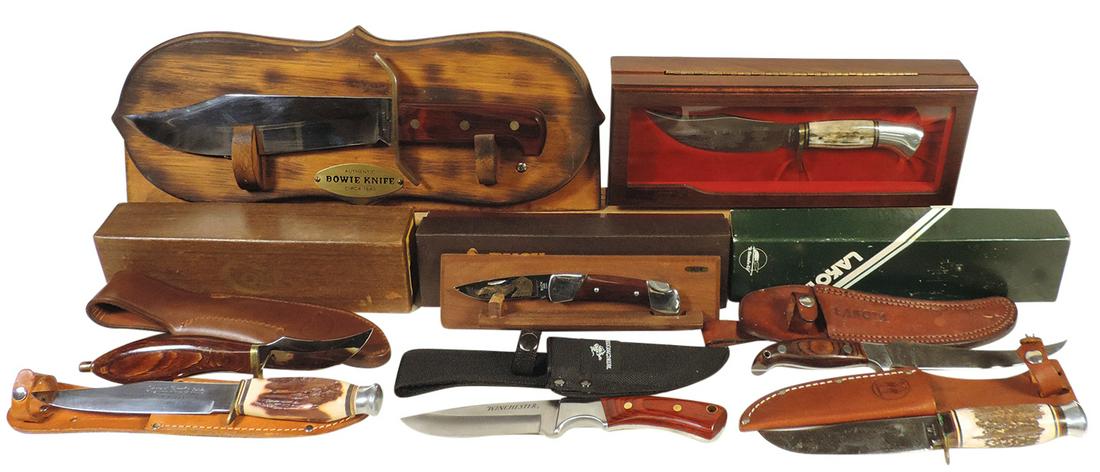 Knives, Hunting & Folding (9), Cased 1984 Coleman/Western w/glazed cover, Lakota Fish Hawk NIB,: Knives, Hunting & Folding (9), Cased 1984 Coleman/Western w/glazed cover, Lakota Fish Hawk NIB, Sheffield Colt NIB, Buck Ltd Ed folder w/etched Eagle #546/1000 NIB, Western Bowie replica, Robert Klass