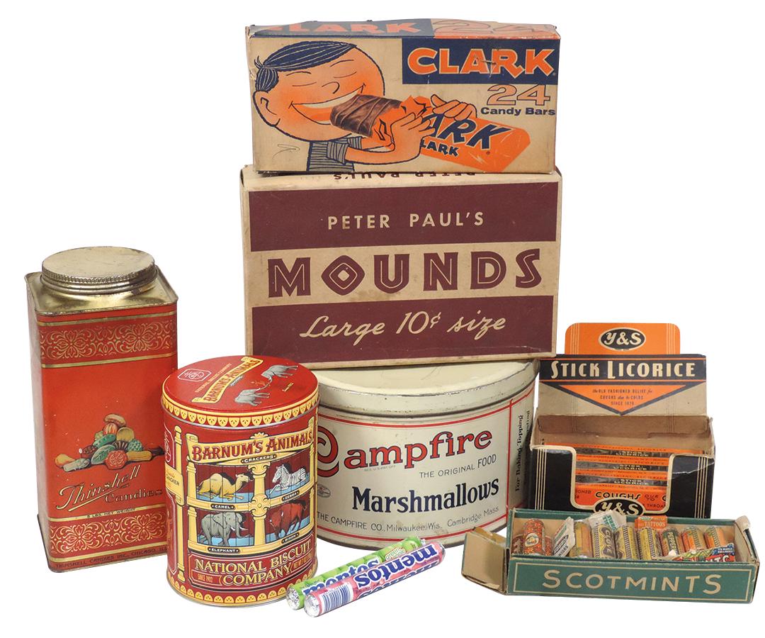 Country Store Candy Containers (7), Mounds & Clark boxes, Marshmallow, Animal Crackers & Thinshell: Country Store Candy Containers (7), Mounds & Clark boxes, Marshmallow, Animal Crackers & Thinshell Candy tins, box of NOS Scotmints & partial Y&S licorice sticks, VG to Exc cond, largest 11"L.