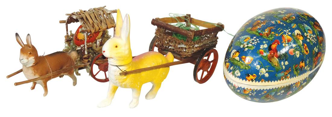 Candy Containers (3), Easter decorations, large German papier mache' egg w/animals & 2 Rabbit carts,: Candy Containers (3), Easter decorations, large German papier mache' egg w/animals & 2 Rabbit carts, 1 w/egg, largest w/glass eyes, up to 12"L.