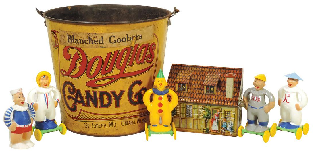 Candy Store Containers (7), 5 Scarce/Rare Rosbro Rosen hard plastic whimsical lollipop holder pull: Candy Store Containers (7), 5 Scarce/Rare Rosbro Rosen hard plastic whimsical lollipop holder pull toys, incl Baseball player & Chinaman, large litho on tin Douglas Candy Co. pail & embossed litho on