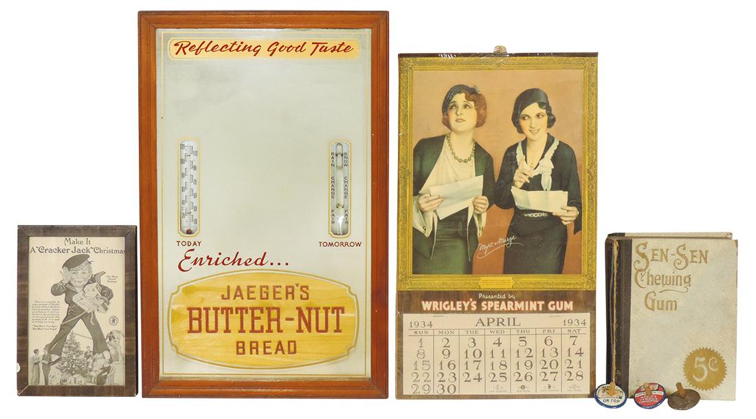 Chewing Gum & County Store (4), 1934 Wrigley's Spearmint calendar (partial pad), Sen-Sen Gum box,: Chewing Gum & County Store (4), 1934 Wrigley's Spearmint calendar (partial pad), Sen-Sen Gum box, framed Cracker Jack ad & Jaeger's Butter-Nut bread reverse mirror w/thermometer/barometer (not working