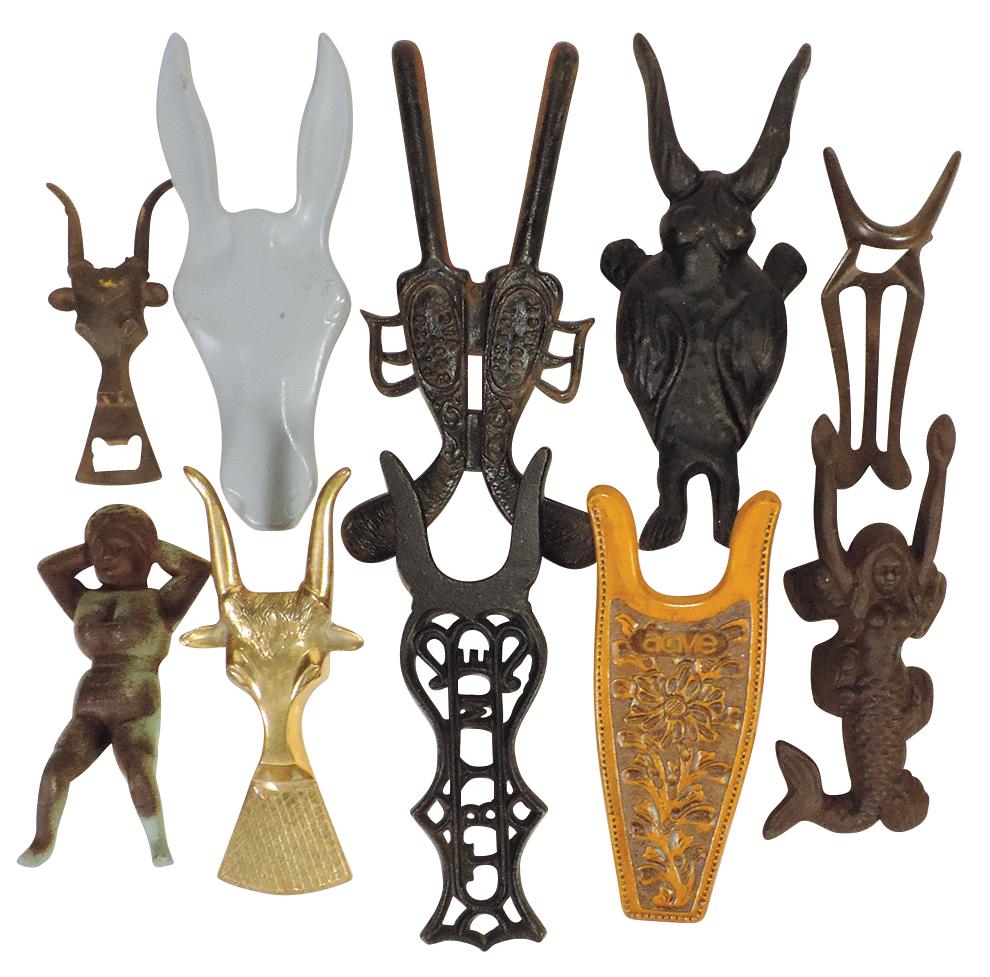 Bootjacks (10), 19th C. cast iron & later Try Me, vintage Acme boots adv, plus later figurals incl: Bootjacks (10), 19th C. cast iron & later Try Me, vintage Acme boots adv, plus later figurals incl Mermaid, Pistol, Nells Place & others, VG-Exc cond, largest 13"L.