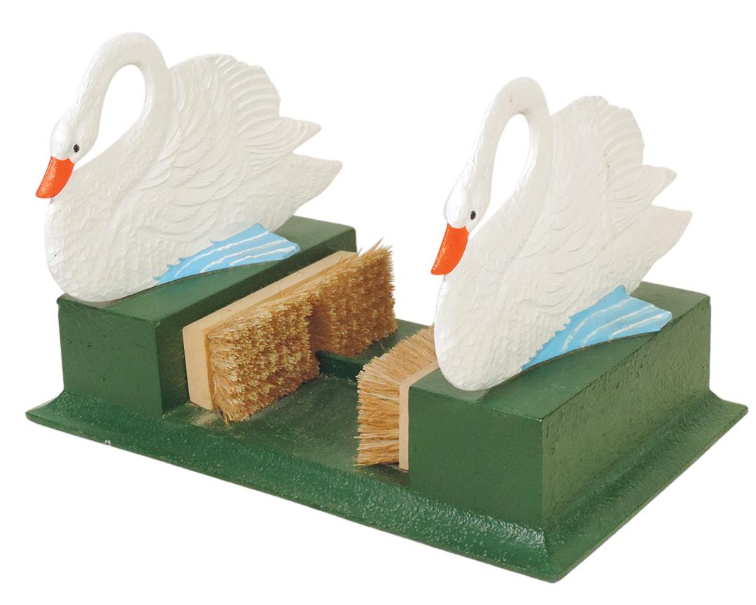 Boot Scraper, Swans, flat cast w/nice detail, polychrome decorated w/shoe brushes, cast iron, Exc: Boot Scraper, Swans, flat cast w/nice detail, polychrome decorated w/shoe brushes, cast iron, Exc cond, 12"H x 19"W x 12"D.