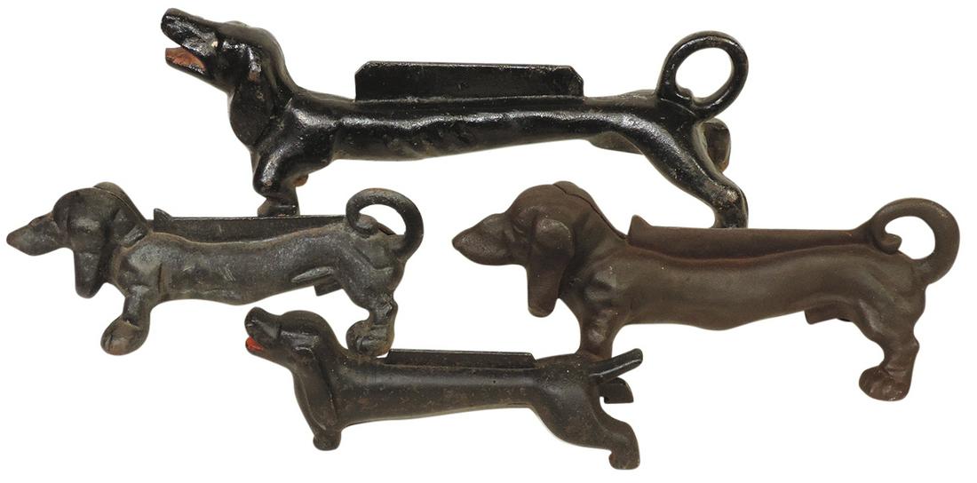 Boot Scrapers (4), Dachshunds: large old solid body & 3 later versions, all cast iron in different: Boot Scrapers (4), Dachshunds: large old solid body & 3 later versions, all cast iron in different sizes, VG cond, largest 21"L.