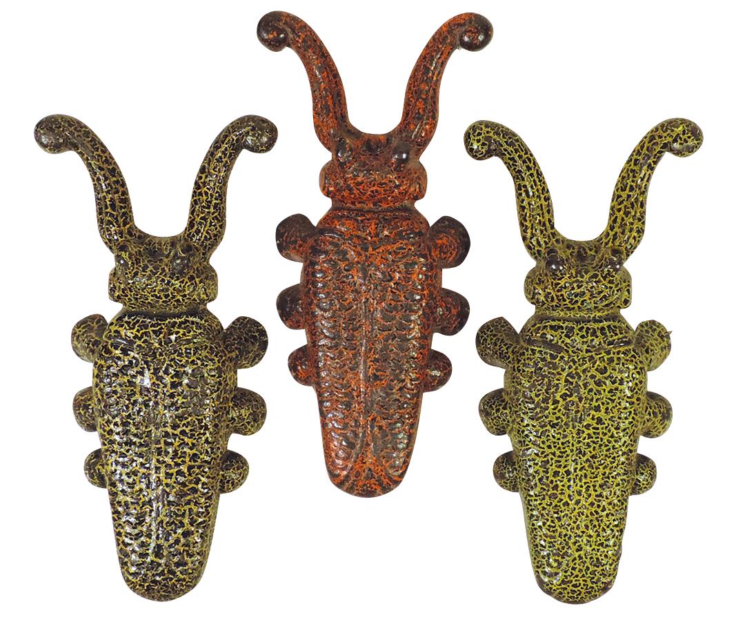 Bootjacks (3), Beetles, cast iron inscribed "156" w/interesting orig mottled paint in lime/black,: Bootjacks (3), Beetles, cast iron inscribed "156" w/interesting orig mottled paint in lime/black, orange/black & yellow/black, Good to VG cond w/wear, 10"L.