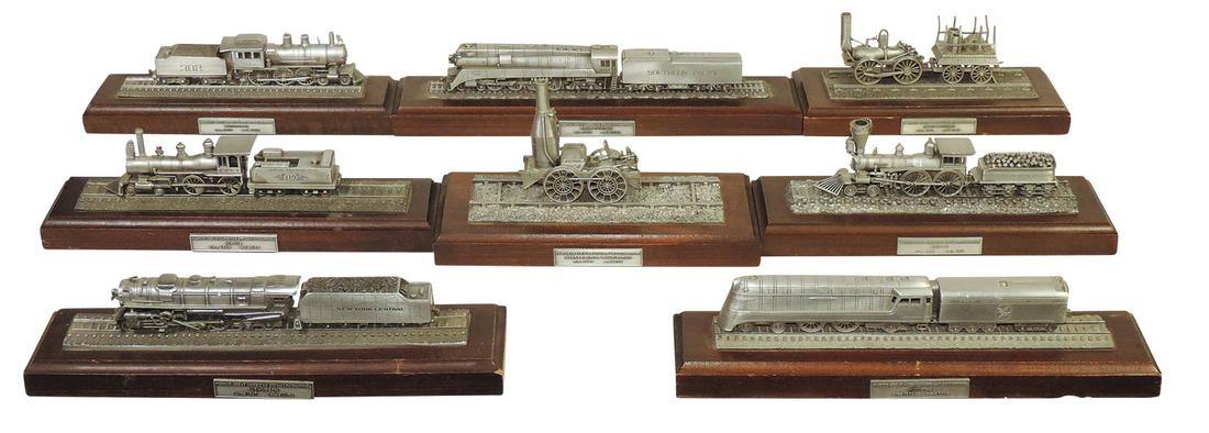 Railroad Engine Models (8), Great American Steam Locomotives by Danbury Mint (8 of 12 in set), all: Railroad Engine Models (8), Great American Steam Locomotives by Danbury Mint (8 of 12 in set), all pewter on walnut plinths w/pewter track, models incl Coast Daylight, #119, General, J-3 Hudson, DeWit