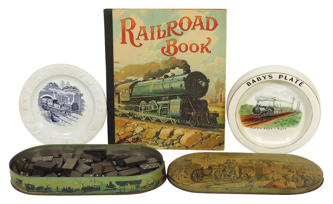 Railroad Toys (4), McLoughlin Bros. "Railroad Book", litho biscuit tin w/engine containing: Railroad Toys (4), McLoughlin Bros. "Railroad Book", litho biscuit tin w/engine containing engine-embossed dominos, ABC plate w/engine & Carlton Ware Baby's plate w/engine, Good to VG cond, largest 12