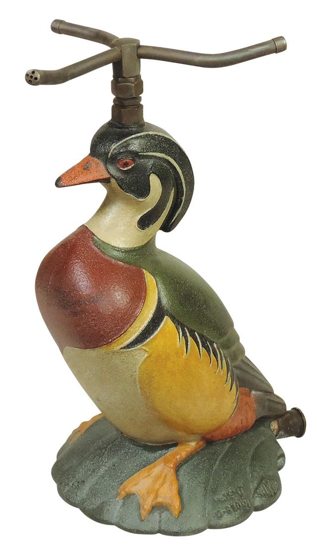 Lawn Sprinkler, Wood Duck, mfgd by Nuydea w/embossed mark & patent number, cast iron w/orig