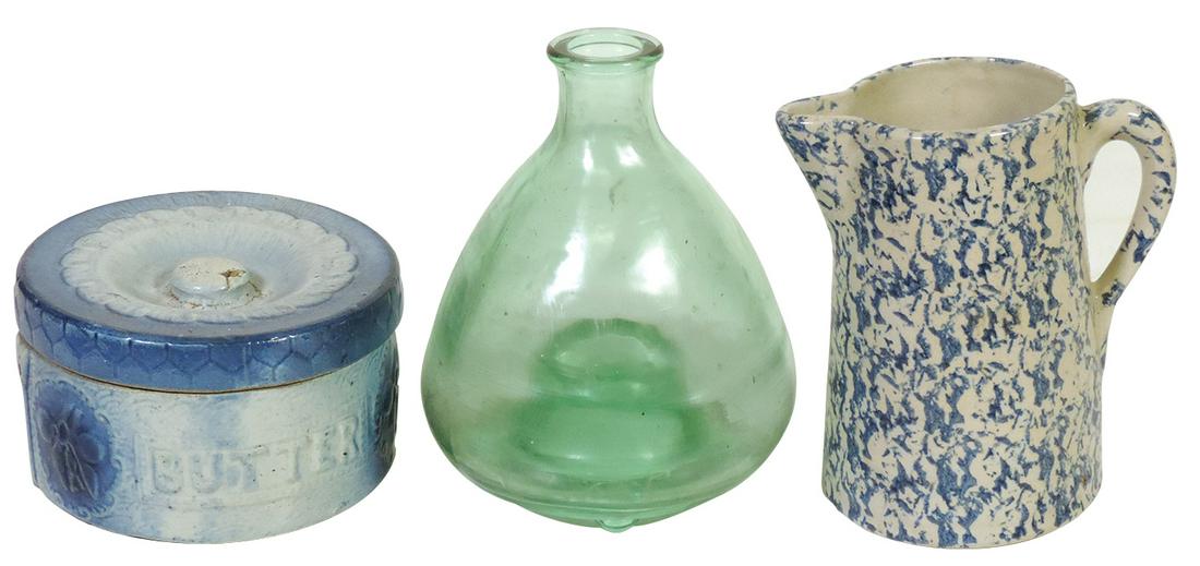 Stoneware & Glass Primitives (3), blue sponged pitcher, blue/gray covered butter w/embossed cherries: Stoneware & Glass Primitives (3), blue sponged pitcher, blue/gray covered butter w/embossed cherries & blown glass footed flytrap, Exc cond w/bail handle absent from butter, largest 9"H.