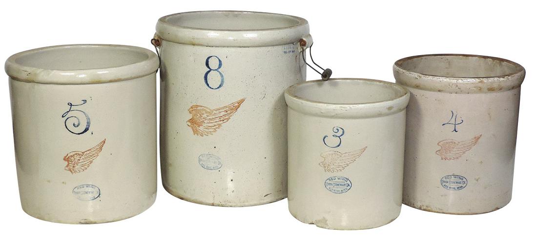 Stoneware Crocks (4), Red Wing 3,4,5 & 8 gal, all w/wings & mfgd by Union Stoneware Co.-Red Wing: Stoneware Crocks (4), Red Wing 3,4,5 & 8 gal, all w/wings & mfgd by Union Stoneware Co.-Red Wing Minn, most VG or VG+ cond, largest 16"H.