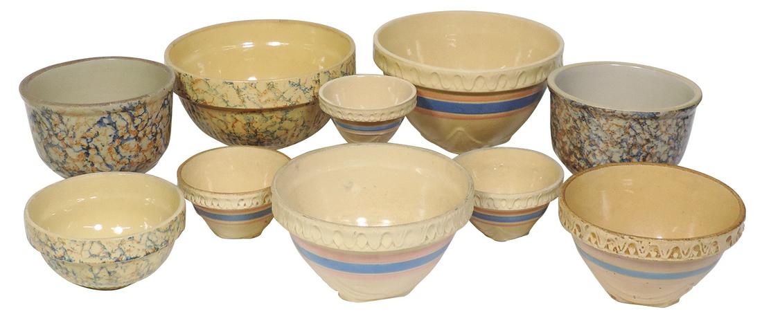 Stoneware Bowls (10), 2 Red Wing Sponged Oven Ware, 2 Saffron Sponged bowls & nest of 5 blue/pink: Stoneware Bowls (10), 2 Red Wing Sponged Oven Ware, 2 Saffron Sponged bowls & nest of 5 blue/pink band Saffron bowls w/1 extra, most Exc cond w/little or no losses, largest 10"Dia.