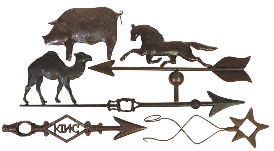 Weather Vanes (5), tin Camel on iron Arrow, nice hand-forged hollow body Pig w/curly tail (no: Weather Vanes (5), tin Camel on iron Arrow, nice hand-forged hollow body Pig w/curly tail (no arrow), King Arrow, cast iron open Star tail & a semi-modern Running Horse, VG cond, some w/oxidation, lar