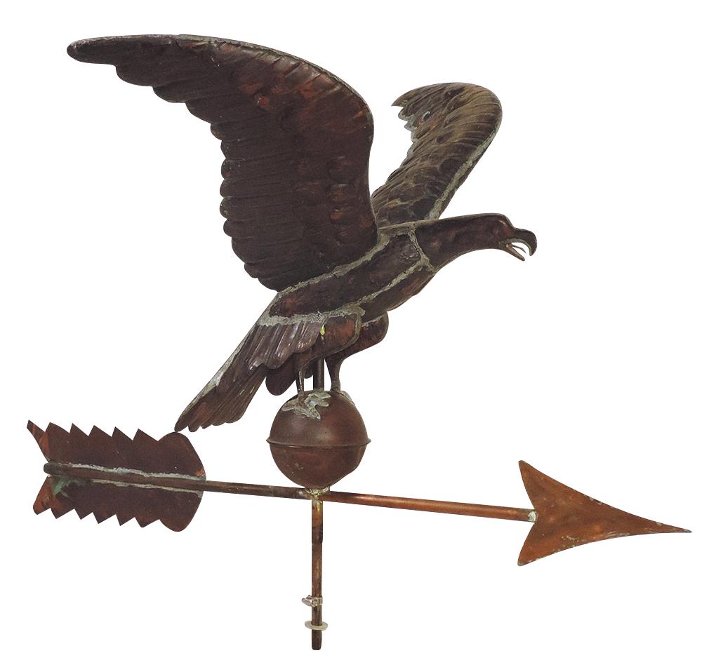 Weather Vane, Full Figure Eagle, embossed copper w/brown patina on arrow, VG cond, 20"H x 30"W x: Weather Vane, Full Figure Eagle, embossed copper w/brown patina on arrow, VG cond, 20"H x 30"W x 23"D.