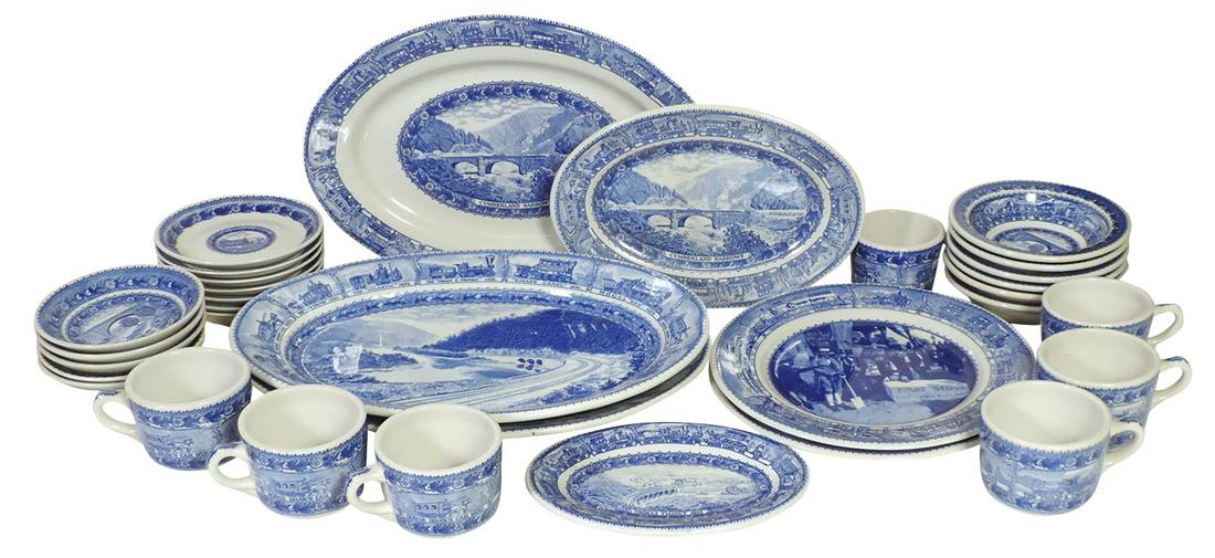 Railroad Dinnerware (26), Baltimore & Ohio blue & white dinnerware, decorated by Shenango China, 5: Railroad Dinnerware (26), Baltimore & Ohio blue & white dinnerware, decorated by Shenango China, 5 various size platters, 7 cup & saucer sets, 6 soup bowls, 6 dessert bowls & 2 "First Stone" dinner pl