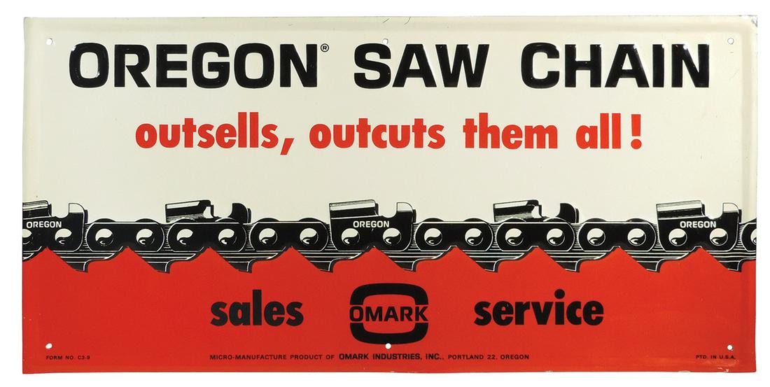 Hardware Store Sign, Oregon Saw Chain, Omark Sales-Service-Portland, Oregon, colorful self-framed: Hardware Store Sign, Oregon Saw Chain, Omark Sales-Service-Portland, Oregon, colorful self-framed embossed metal marked Form No. C3-0, PTD. In U.S.A., Exc+ cond w/great color & shine, 8"H x 16"W.