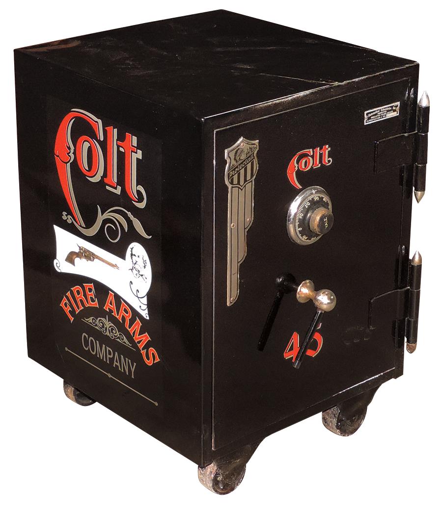 Colt Firearms Protectall floor safe on 4 wheels w/Yale tumbler, prof repainted steel w/later: Colt Firearms Protectall floor safe on 4 wheels w/Yale tumbler, prof repainted steel w/later branding & logo, Exc working cond, 21.5"H x 15"Wx 16"D.