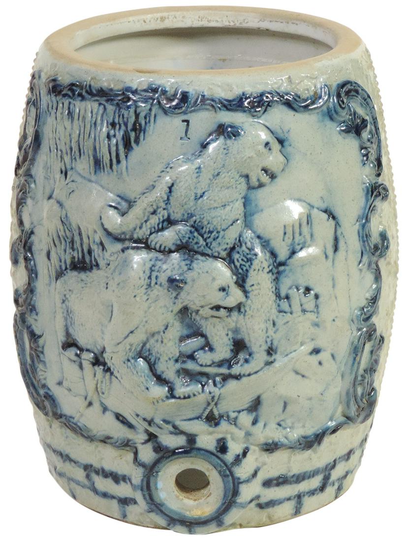Stoneware Ice Water Cooler, attributed to White's Utica, 1-gal embossed w/Arctic scene of 2 polar: Stoneware Ice Water Cooler, attributed to White's Utica, 1-gal embossed w/Arctic scene of 2 polar bears on obverse & flowers on reverse, Exc cond w/o cover, 9"H x 7.25"Dia.