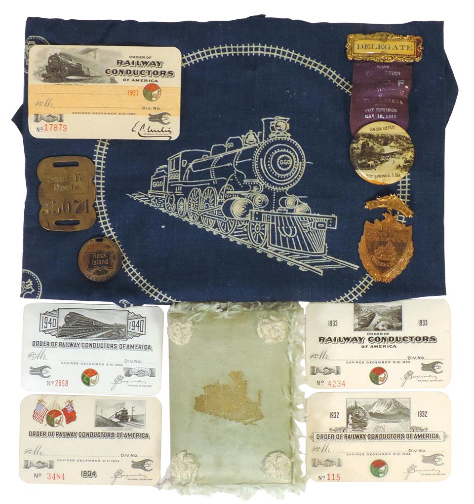 Railroad Brotherhood Memorabilia (9), Brotherhood of Locomotive Fireman silk-covered Annual Ball: Railroad Brotherhood Memorabilia (9), Brotherhood of Locomotive Fireman silk-covered Annual Ball Program 1887 w/loco on front in gilt & engraved on interior title sheet, blue bandana, I.O.O.F. "Union 